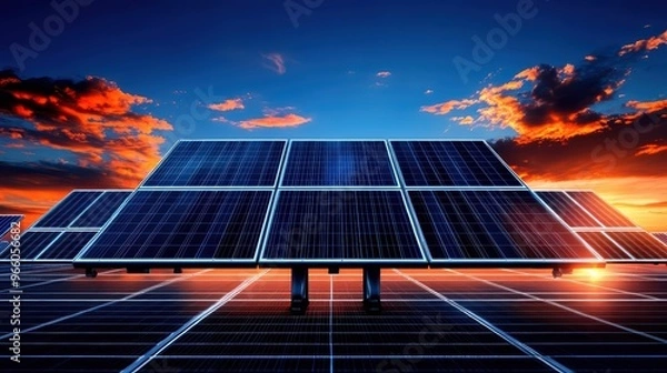 Obraz A stunning sunset over solar panels reflecting vibrant colors, showcasing renewable energy's beauty and innovation.