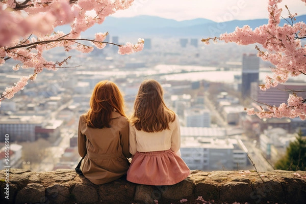 Fototapeta AI generated image of a beautiful charming little two girls walking in botany garden