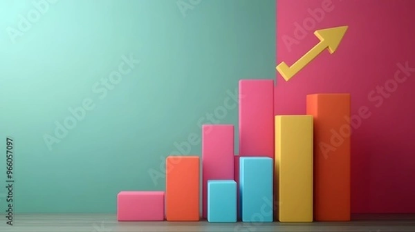 Obraz Colorful bar chart with arrow pointing upwards against a green and pink background.