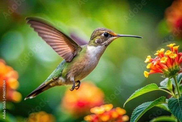 Fototapeta Close-Up Of A Tiny Hummingbird Hovering Near A Blooming Flower Amidst Lush Greenery