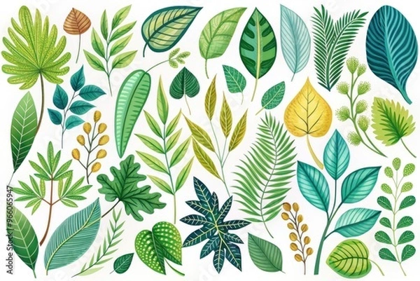 Fototapeta Delicate, hand-drawn illustrations of lush, vibrant leaves and stems in various shapes and sizes, ideal for adding a touch of nature to designs and presentations.