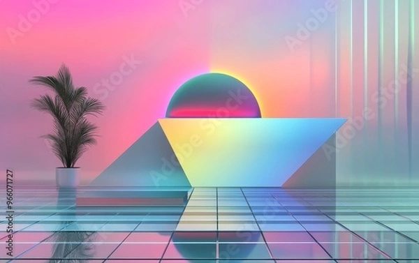 Fototapeta A vibrant, futuristic scene featuring a geometric structure, a glowing orb, and a potted plant against a colorful backdrop.