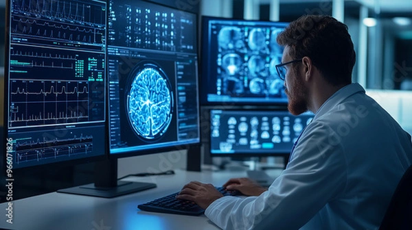 Fototapeta Doctor use computer AI technology support for telemedicine services, enabling high-quality healthcare delivery to patients in remote or underserved areas efficiently.