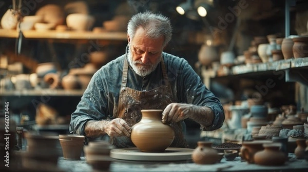 Fototapeta Elderly man crafting pottery in a studio surrounded by clay pots and tools