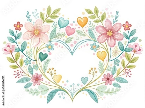 Fototapeta Heartfelt expression of love and affection through a delicate hand-drawn design featuring intertwined hearts, flowers, and soothing pastel colors on a soft white background.