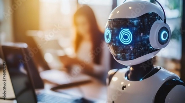 Fototapeta Close-up of a white robot with a digital display and blue glowing circles, sitting in an office setting with a woman in the background.