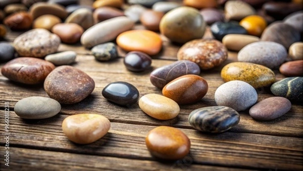 Fototapeta A shallow focus shot of a scattered collection of smooth, rounded pebbles in various earthy tones, arranged on
