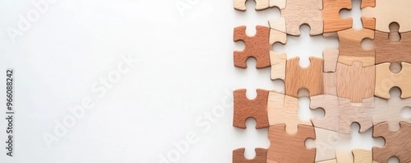 Obraz Flat lay of wooden blocks forming a puzzle, symbolizing business solutions, on a white background Highresolution image with space for text Perfect for strategy and problem solving