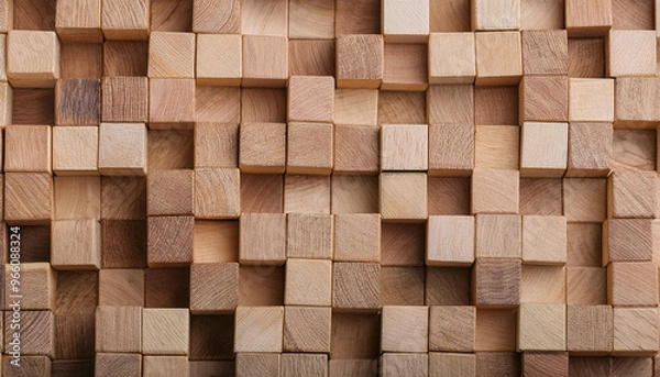 Fototapeta Texture of many wooden cubes. Natural material for backdrop.
