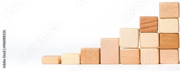 Fototapeta Wooden blocks forming a downward trend, symbolizing business challenges, set against a white background High quality image with space for text Suitable for corporate risk assessmen