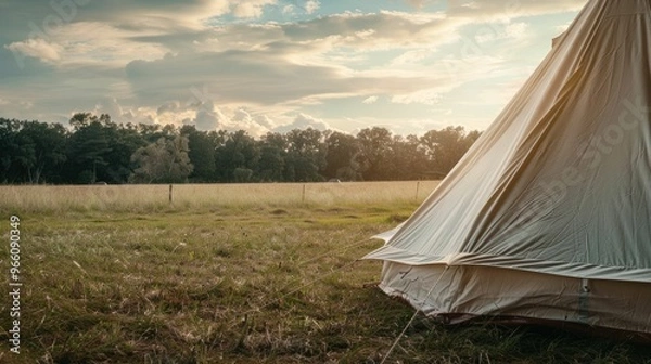Fototapeta A cozy tent in a tranquil field during sunset with soft clouds and lush greenery in the background
