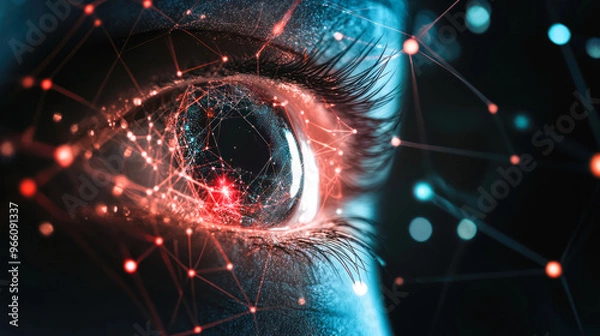 Fototapeta Red cybernetic eye with detailed neural network overlay