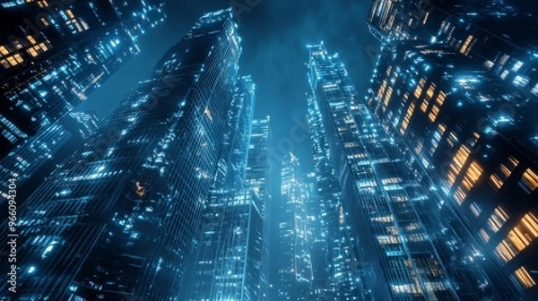 Fototapeta Nighttime view of a technologically advanced city with sleek, illuminated skyscrapers. Premium background for the latest technology needs. 