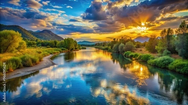 Fototapeta Serene Waters Of A Sacred River Flowing Through A Tranquil Landscape, Reflecting Hues Of Blue And Green Under A Golden Sky