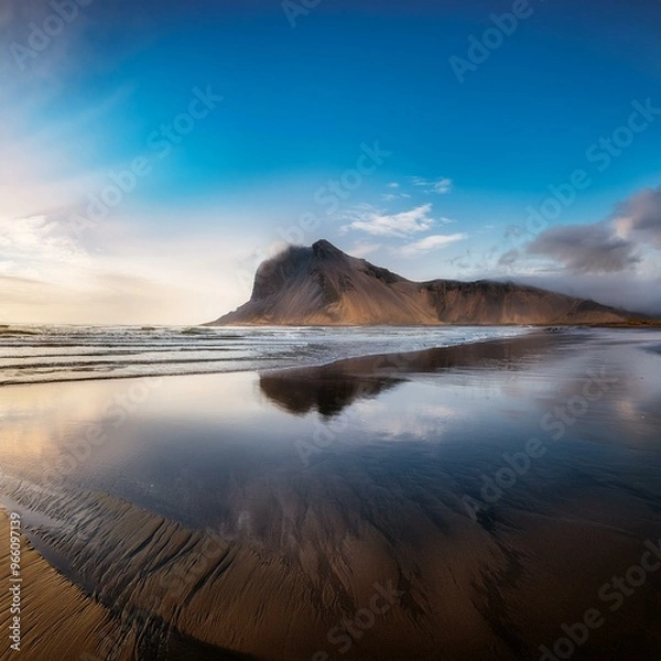 Fototapeta beach with a mountain and a reflection on wet sand