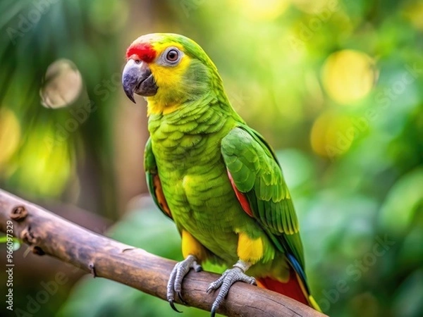 Fototapeta Small, Vibrant Green Parrot With A Striking Yellow Collar, Perched On A Branch With Blurred Background Greenery.