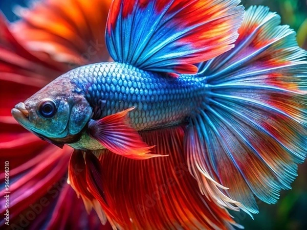 Fototapeta A Striking Close-Up Shot Of A Vibrantly Colored Beta Fish Tail, Capturing Its Intricate Patterns And Flowing Elegance.