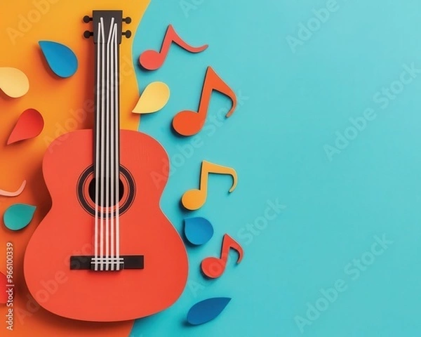 Fototapeta Guitar surrounded by colorful music notes, energetic, bold expression, and high-contrast artwork