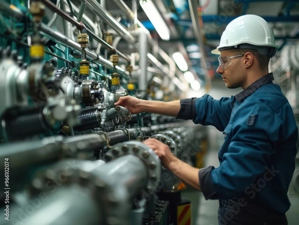 Fototapeta Engineer in protective gear inspecting industrial machinery in a factory, ensuring operational safety and efficiency.