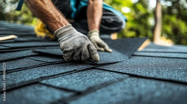 Fototapeta Skilled Roofer Installing Shingles with Precision on Pitched Rooftop for Seamless Finish