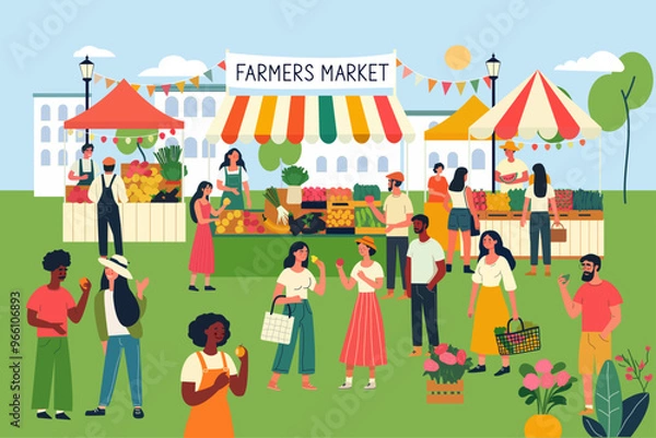 Obraz Farmers market, Bazaar, Vendors offer organic farmer production and vegetables, Local farm vegetables, Eco marketplace, Bazaar domestic produce, Flat vector illustration
