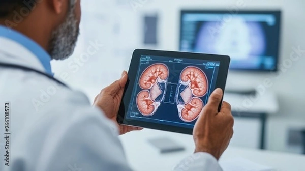Obraz Doctor and patient discussing kidney function test results on a tablet, [chronic kidney disease], [medical monitoring]