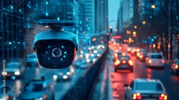 Fototapeta Security camera with digital overlay against a blurry city backdrop at night.