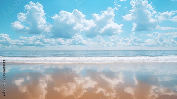 Fototapeta Bright beautiful seascape, sandy beach, clouds reflected in the water, natural minimalistic background and texture Bright beautiful seascape sandy beach clouds reflect, Generative AI