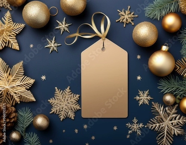 Fototapeta A festive Christmas background with gold ornaments, snowflakes, and a gift tag on a dark blue surface.