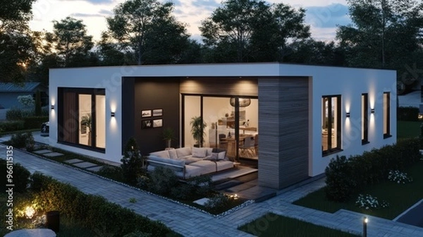 Obraz Modern House Exterior Design with Patio and Landscaping at Dusk