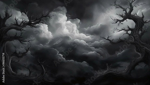 Fototapeta black gloomy sky, grunge texture, dark gray clouds background, horror scary theme poster backdrop design