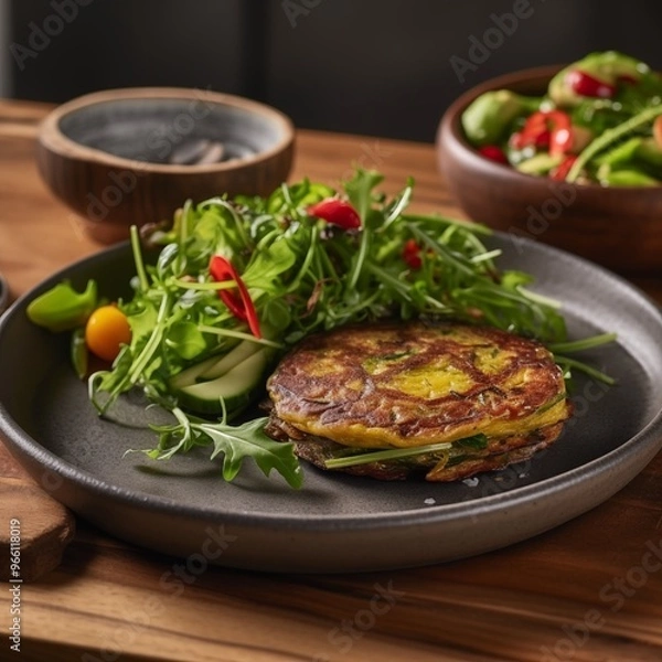 Fototapeta Vegan Zucchini Fritters with Fresh Salad – A Light and Flavorful Meal