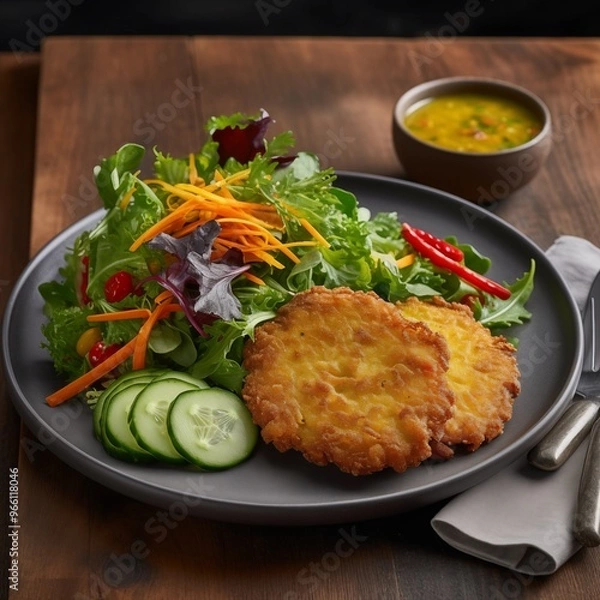 Fototapeta Vegan Zucchini Fritters with Fresh Salad – A Light and Flavorful Meal