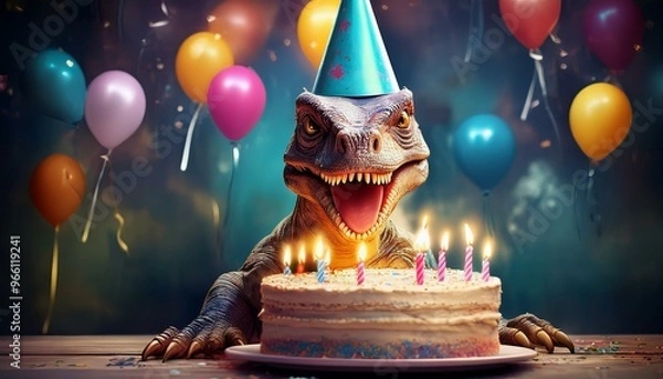 Fototapeta Dinosaur Wearing Party Hat Blowing Out Birthday Cake Candles in Festive Setting, Colorful and Playful Theme