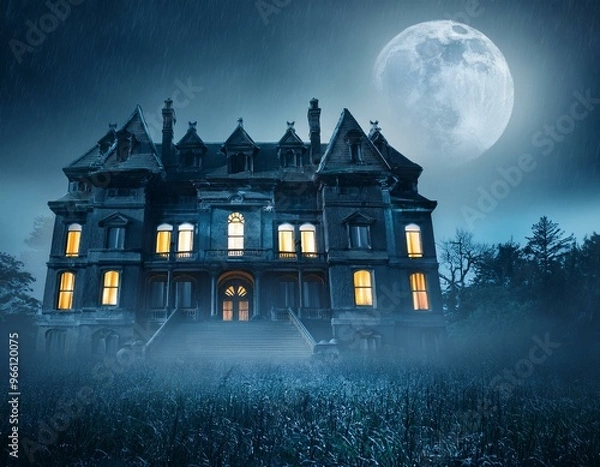 Fototapeta Eerie Haunted Mansion in Spooky Moonlit Night with Glowing Windows and Misty Atmosphere During Rainfall