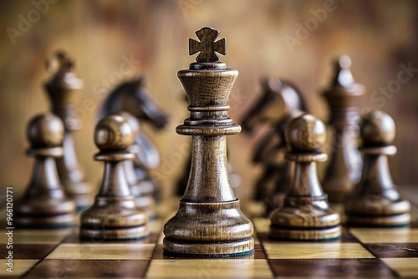 Fototapeta Beautiful chess piece standing on checkered game board during strategic game of chess
