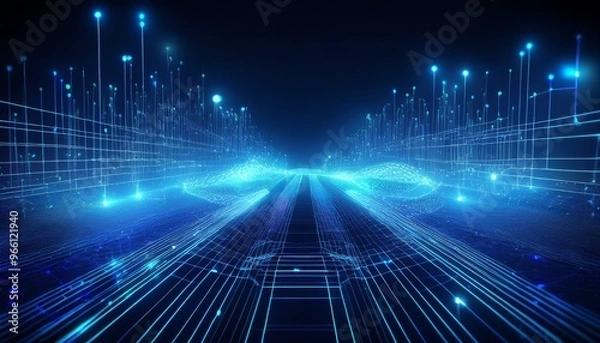Fototapeta Futuristic High Tech Connectivity Network in Blue 3D Render with Glowing Data Points and Lines Depicting Digital Communication and Advanced Technology Concept
