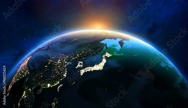 Fototapeta Photorealistic 3D Render of Earth from Space with Detailed View of Japan and Asia, Stars and Galaxies, Night Lights, Global Concept, High Resolution Planetary Image