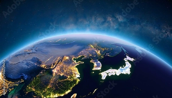 Fototapeta Photorealistic 3D Render of Earth from Space with Detailed View of Japan and Asia, Stars and Galaxies, Night Lights, Global Concept, High Resolution Planetary Image