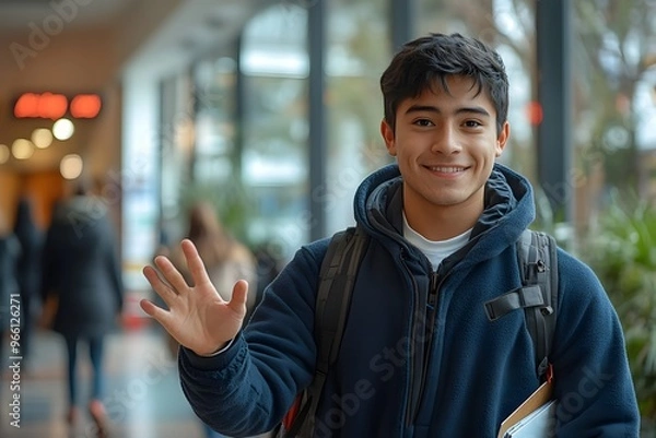 Fototapeta Young male university student standing in the university lobby, confidently introducing himself