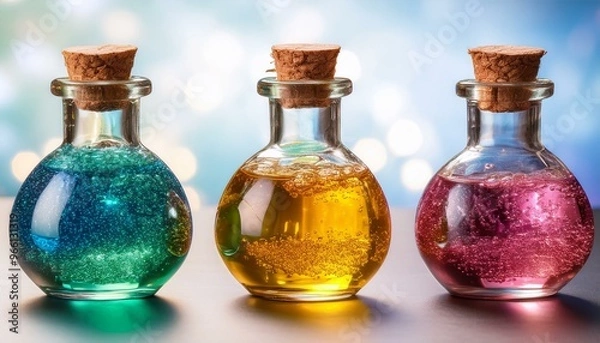 Fototapeta Three colorful potion bottles with cork stoppers, filled with sparkling liquid.