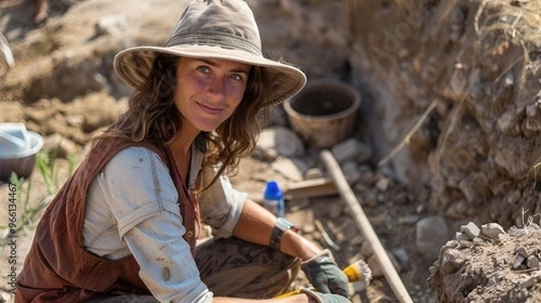 Fototapeta Archaeologist working on an excavation site with a focused expression