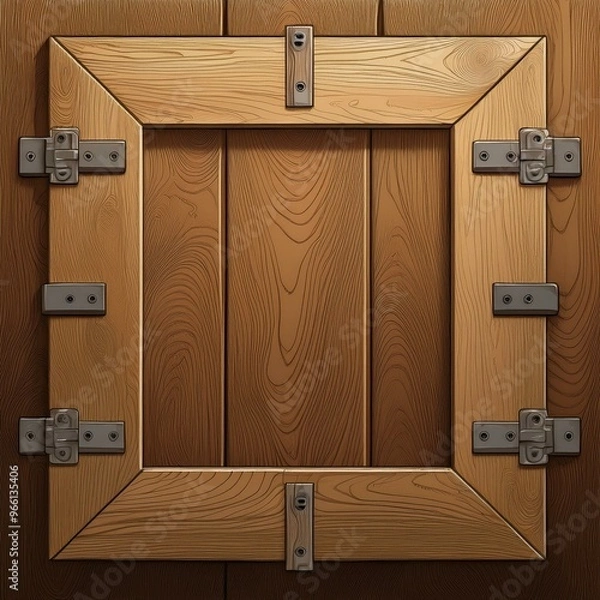 Fototapeta Wooden frame with hinges and a square opening.