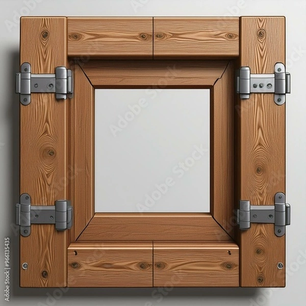 Fototapeta Wooden frame with hinges and a square opening.