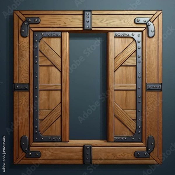 Fototapeta Wooden frame with hinges and a square opening.