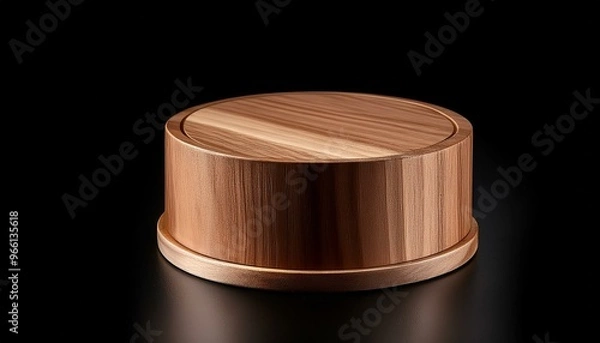 Fototapeta Wooden stand with a round top and bottom, perfect for displaying small items. Isolated on a black background.