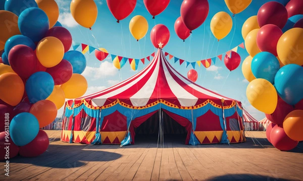 Obraz A colorful circus tent with red and white stripes stands ready for the show, with balloons floating in the air above