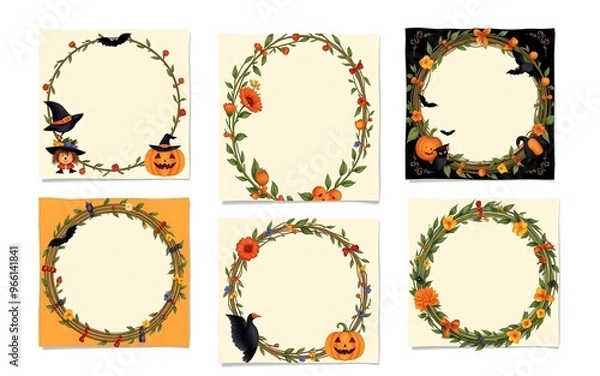 Fototapeta Six Halloween wreaths with orange pumpkins, black cats, and bats on a cream background, perfect for spooky autumn and Halloween designs. 

