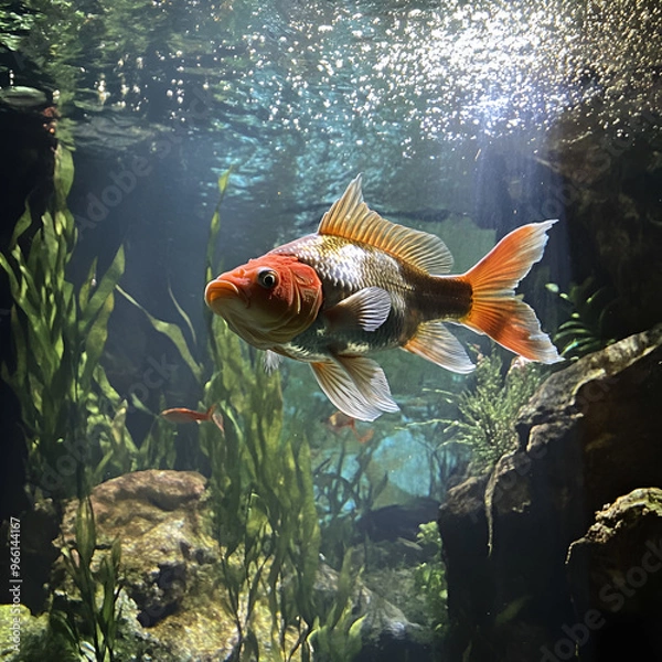 Fototapeta fish in an aquarium Goldfish swimming in tank Goldfish in freshwater aquarium with green beautiful planted tropical, Generative AI