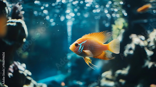 Fototapeta fish in an aquarium Goldfish swimming in tank Goldfish in freshwater aquarium with green beautiful planted tropical, Generative AI